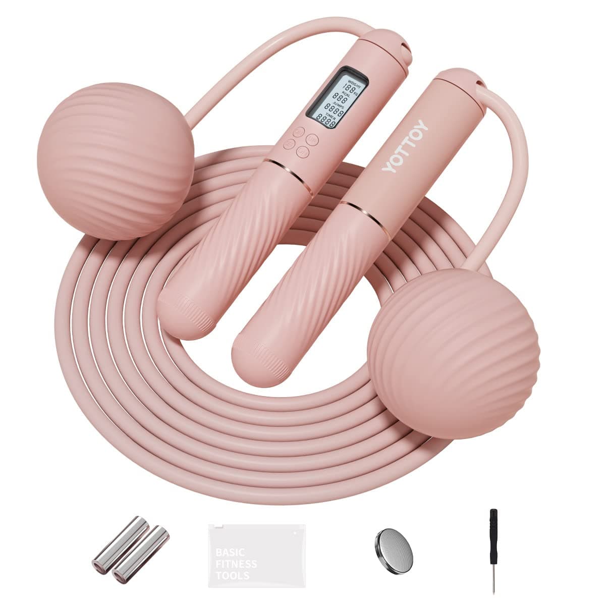 YOTTOY Skipping Ropes for Adults -Cordless Counter Jump Rope with Large Cordless Ball-Weighted Jump Rope for Women with LCD Display Pink
