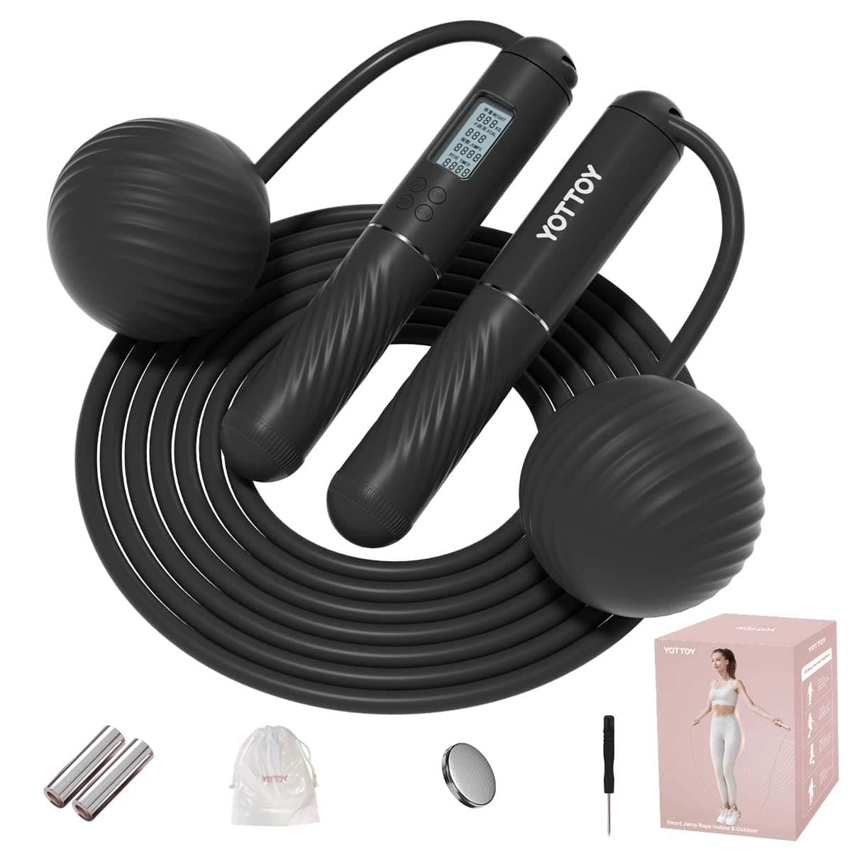 YOTTOY Skipping Ropes for Adults -Cordless Counter Jump Rope with Large Cordless Ball-Weighted Jump Rope for Women with LCD Display Black