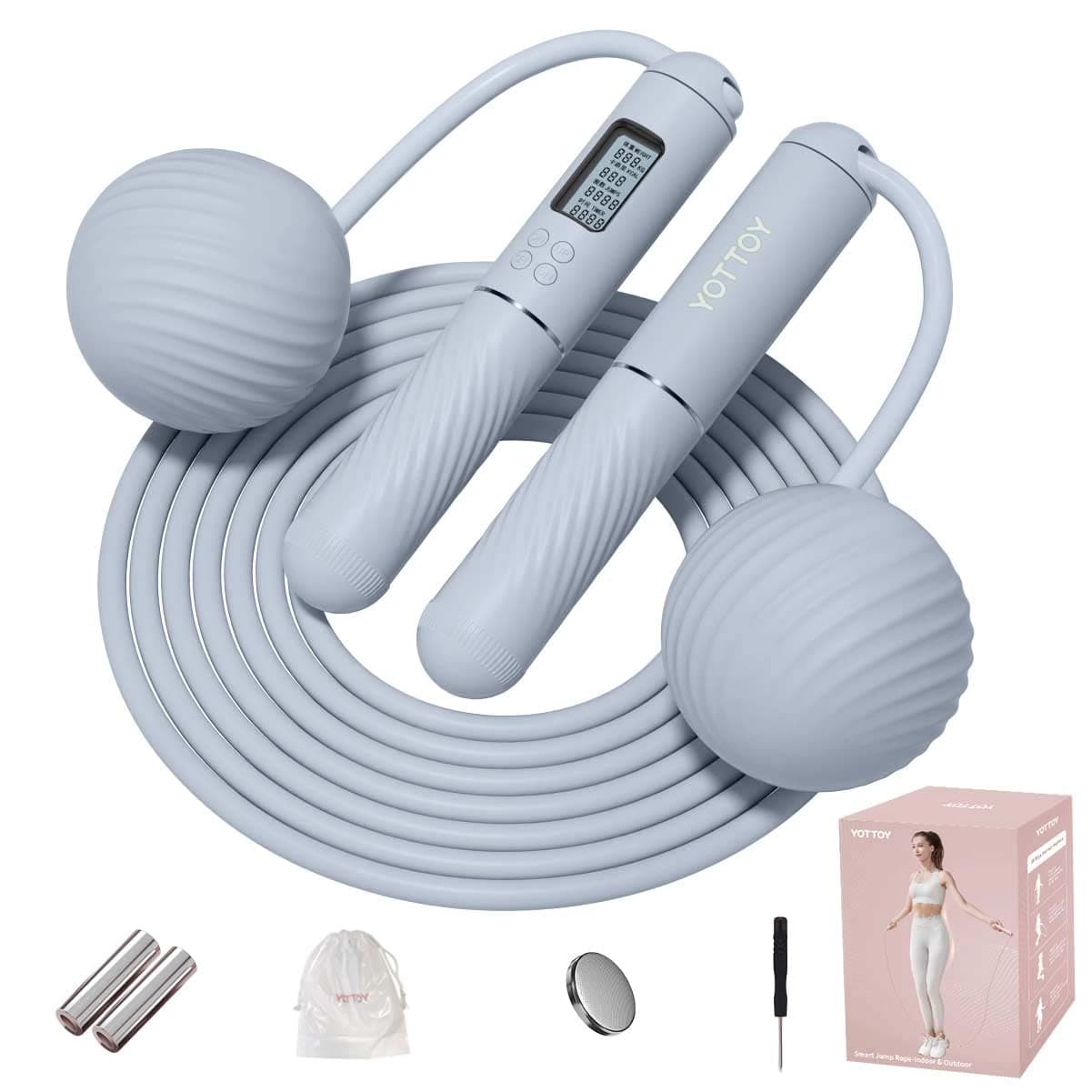 YOTTOY Skipping Ropes for Adults -Cordless Counter Jump Rope with Large Cordless Ball-Weighted Jump Rope for Women with LCD Display Blue
