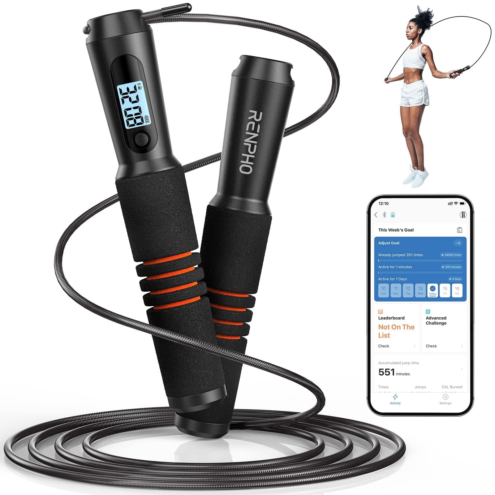 RENPHO Smart Jump Rope - APP Data Storage & Tracking & Analysis, Tangle-Free Jumping Rope for Men, Women, Skipping Rope with Counter, Adjustable workout Jump Ropes for Crossfit, Gym, MMA C-Black Steel wire rope 1 pc