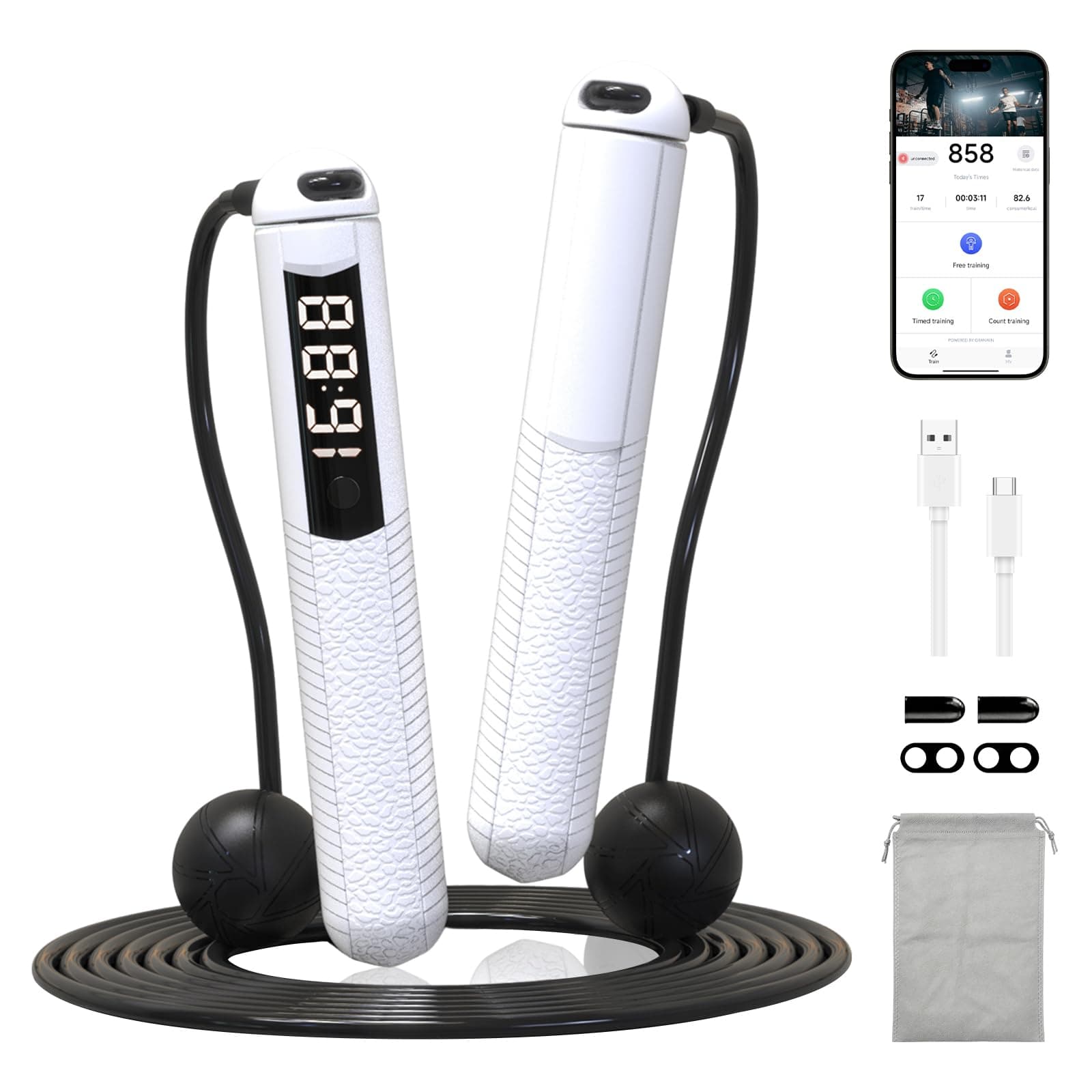 Cordless Gravity Jump Rope, Smart Jump Rope with Counter for Gym, Fat Burning & Calorie Burn, APP Data Analysis, Home Workout Equipment for Women ＆ Men White